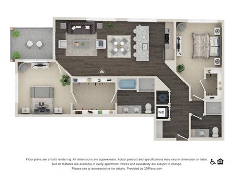 Floor plan for 2 beds, 2 baths, 1278 sqft